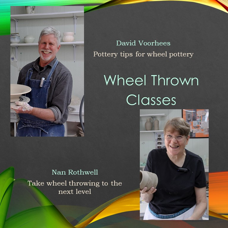 Wheel throwing pottery classes for beginners to advanced. Learn online how to center clay, how to pull up the clay walls and how to use trimming tools.