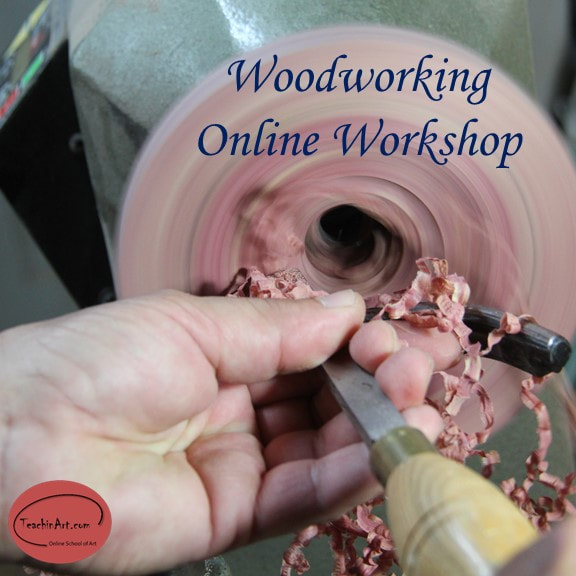 Turning on the lathe is part of the segmenting online workshop by Bob Rundquist at TeachinArt.