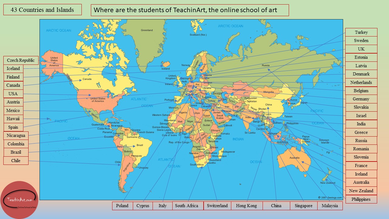 TeachinArt online students are from all over the world. TeachinArt workshops are formal art classes and brings art education right into your own studio.