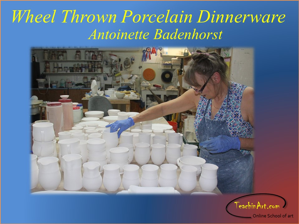 Wheel thrown porcelain dinnerware is an online ceramics class by Antoinette Badenhorst at TeachinArt online school of art. Potters will learn why she calls porcelain the 
